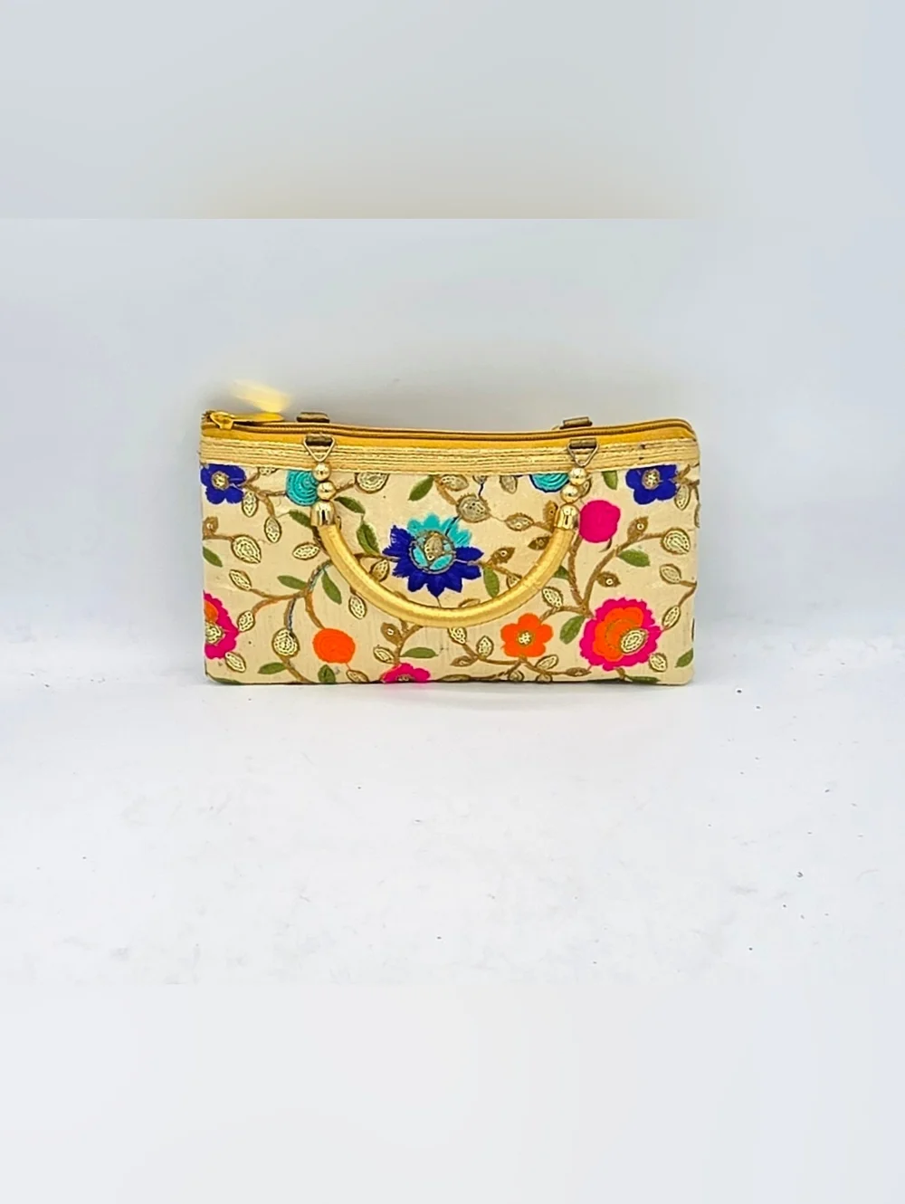 Hand-Embroidered Phulkari Floral Silk Clutch Bag | Boho Ethnic Wedding Gold